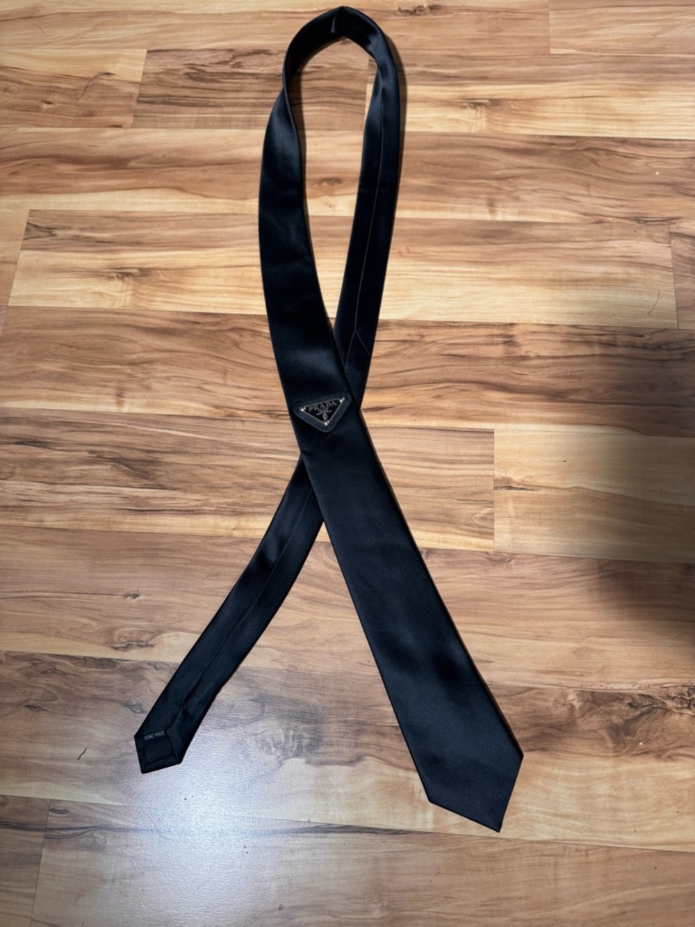 Prada Black Slim Tie with Silver Triangle Logo - Picture 2 of 4